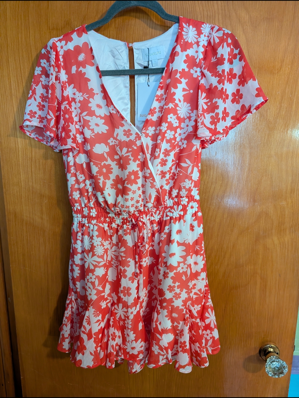 Floral Wrap-Style Red and White Summer Romper